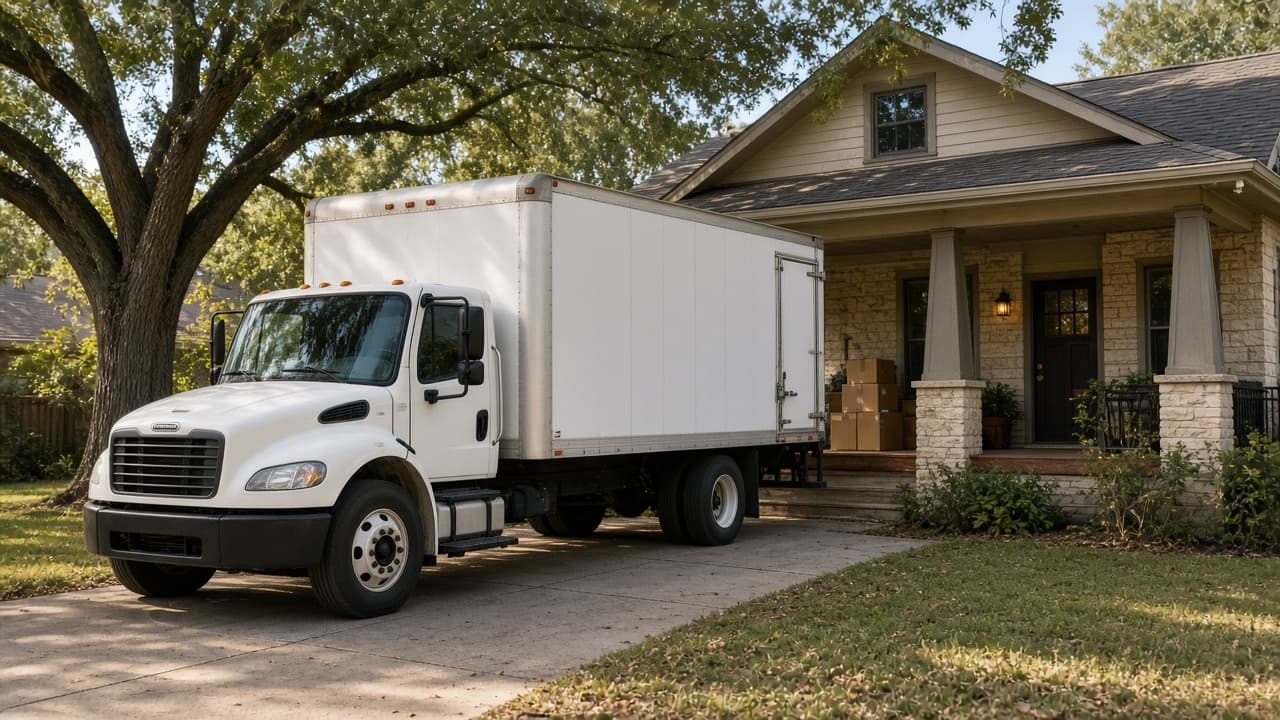 Unbranded modern 26-foot US box truck in the driveway of a Texas bungalow