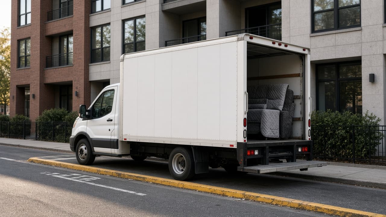 Unbranded modern US box truck at an apartment loading zone with a padded sofa in the box