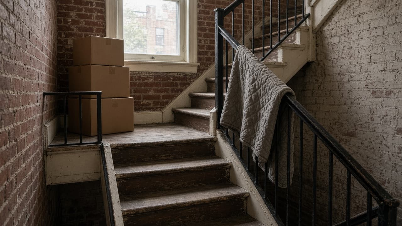 US brick walk-up stairwell with taped cartons and a moving pad on the rail