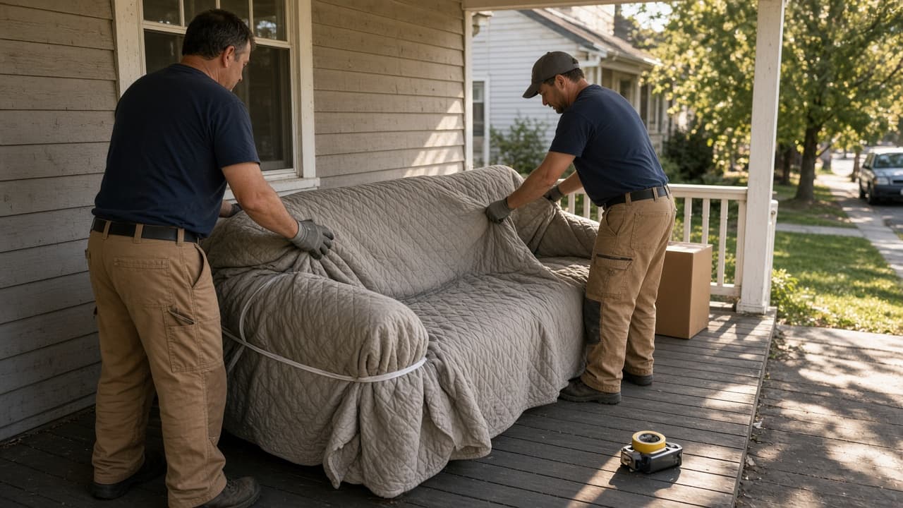 Two movers wrapping a sofa in quilted pads on a US porch