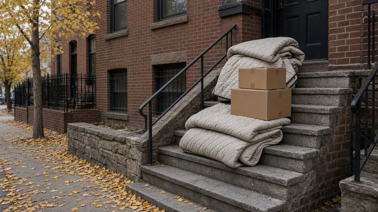 Brick row-house stoop with folded moving pads and cartons on a fall sidewalk