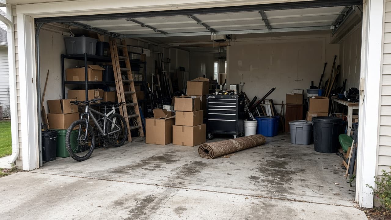 US garage on moving day with a bike, rolled rug, tool chest, and cartons