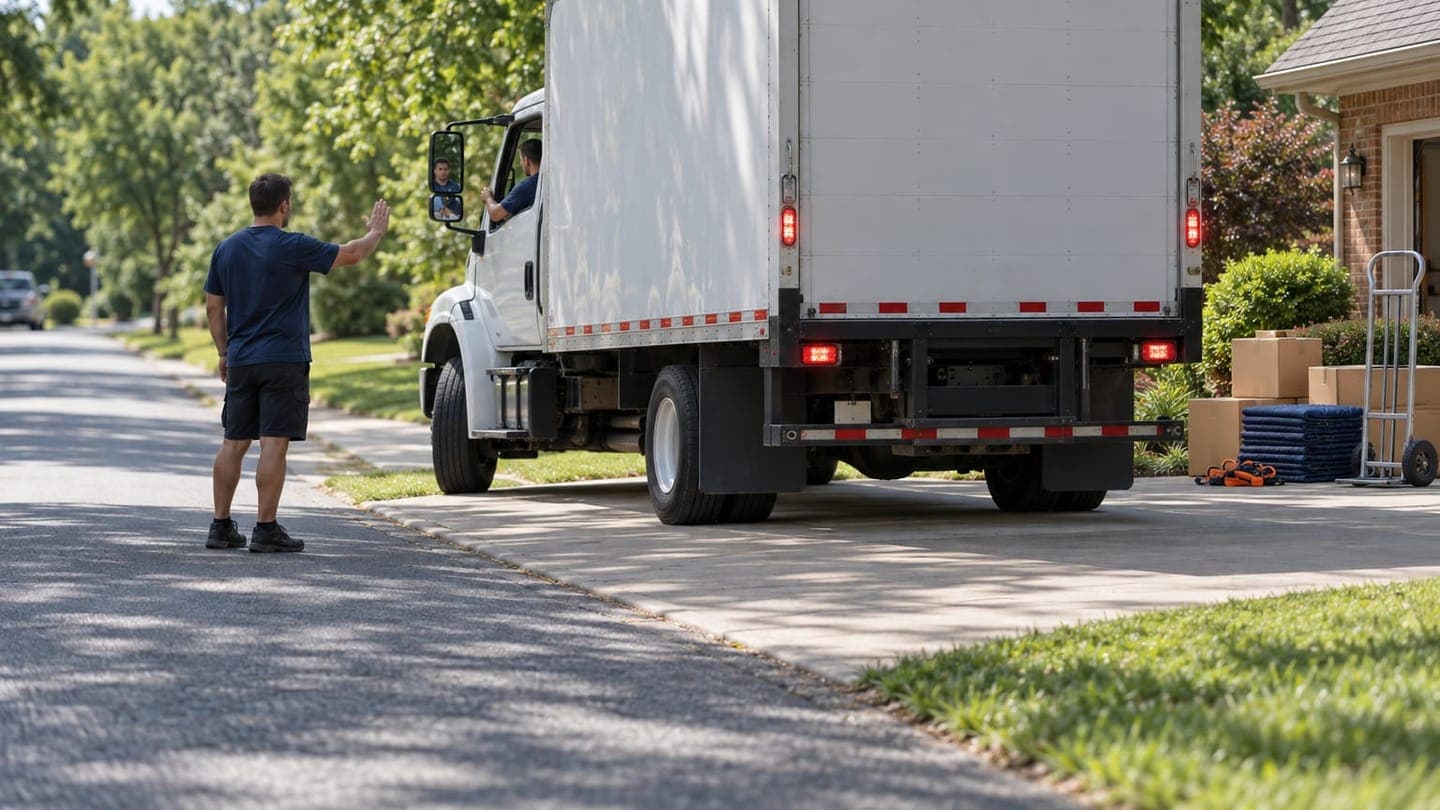 A helper on the street guides a white moving truck as it backs toward a house.