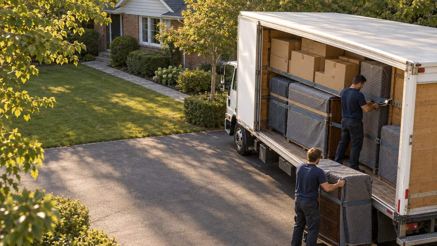 Two movers strap padded furniture and stacked boxes in tiers inside a rental truck in a driveway.