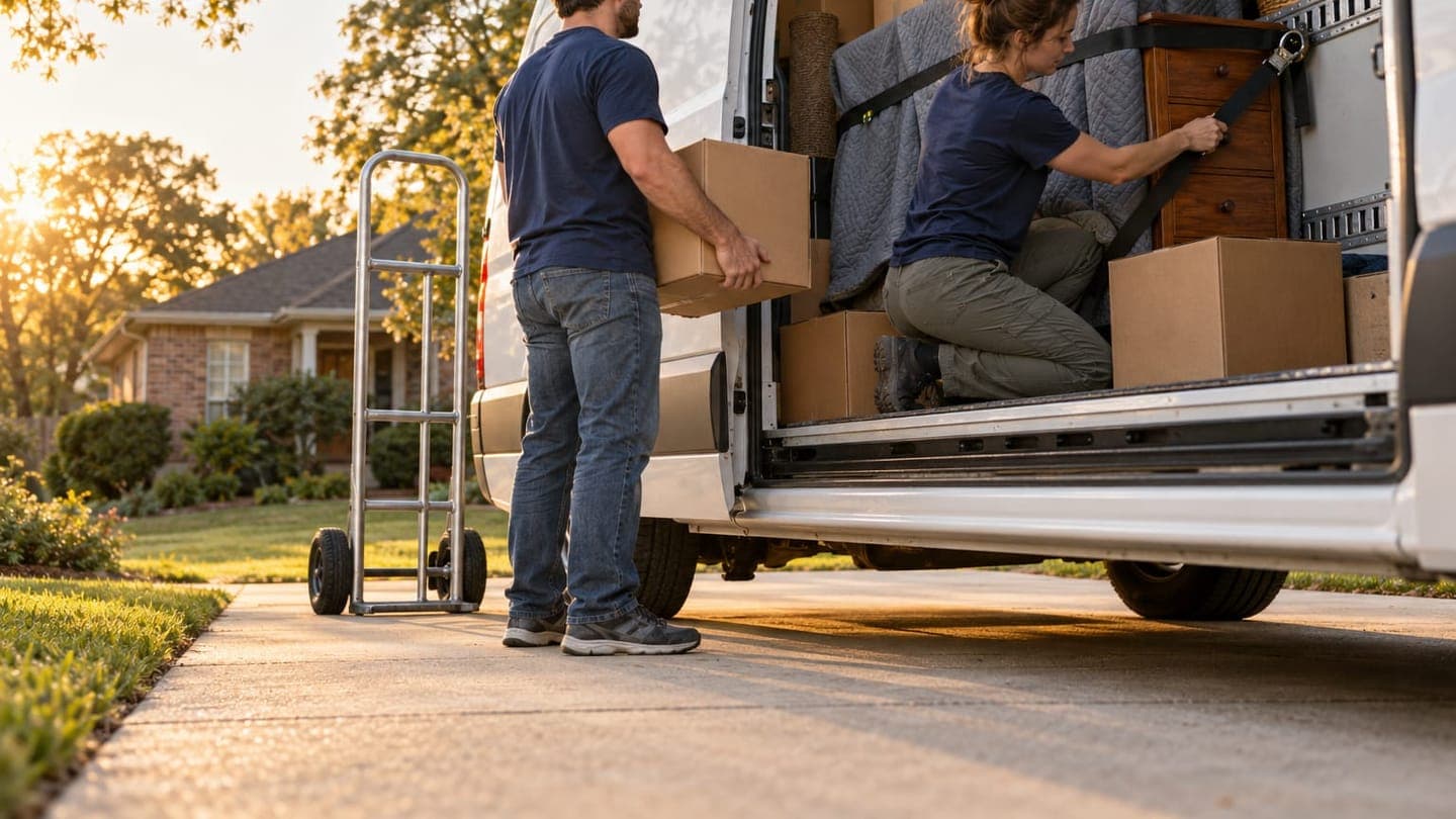 Two people load boxes and strap a dresser inside a rental truck in golden evening light.