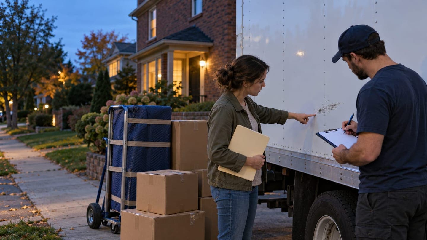 A renter points out a scratch on a rental truck while a man notes it on a clipboard at dusk.