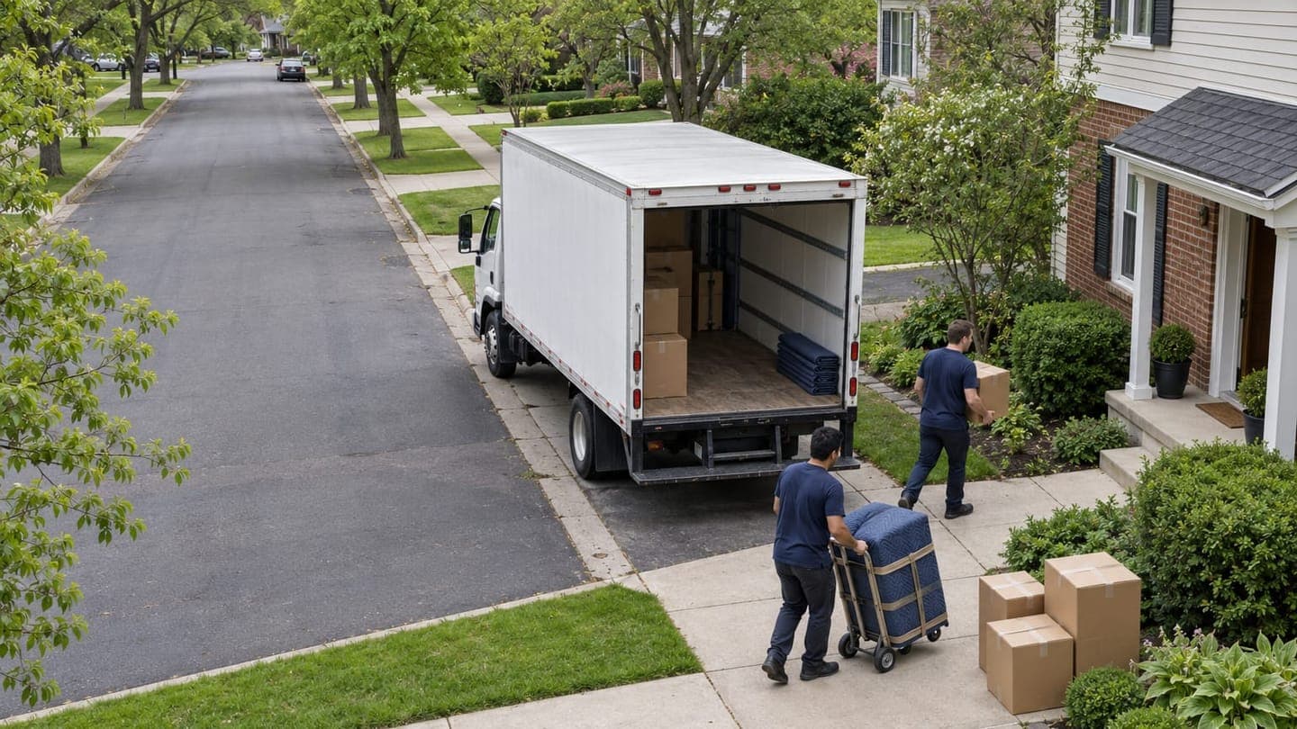 Movers wheel boxes and a padded dresser to a rental truck parked on a quiet residential street.