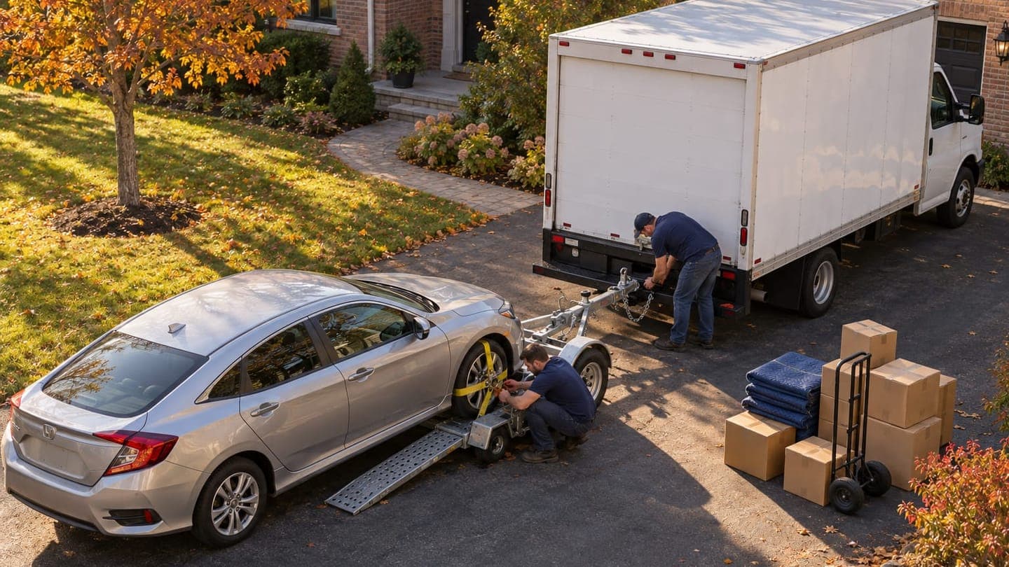 Two people strap a silver sedan onto a tow dolly hitched behind a white moving truck in a driveway.