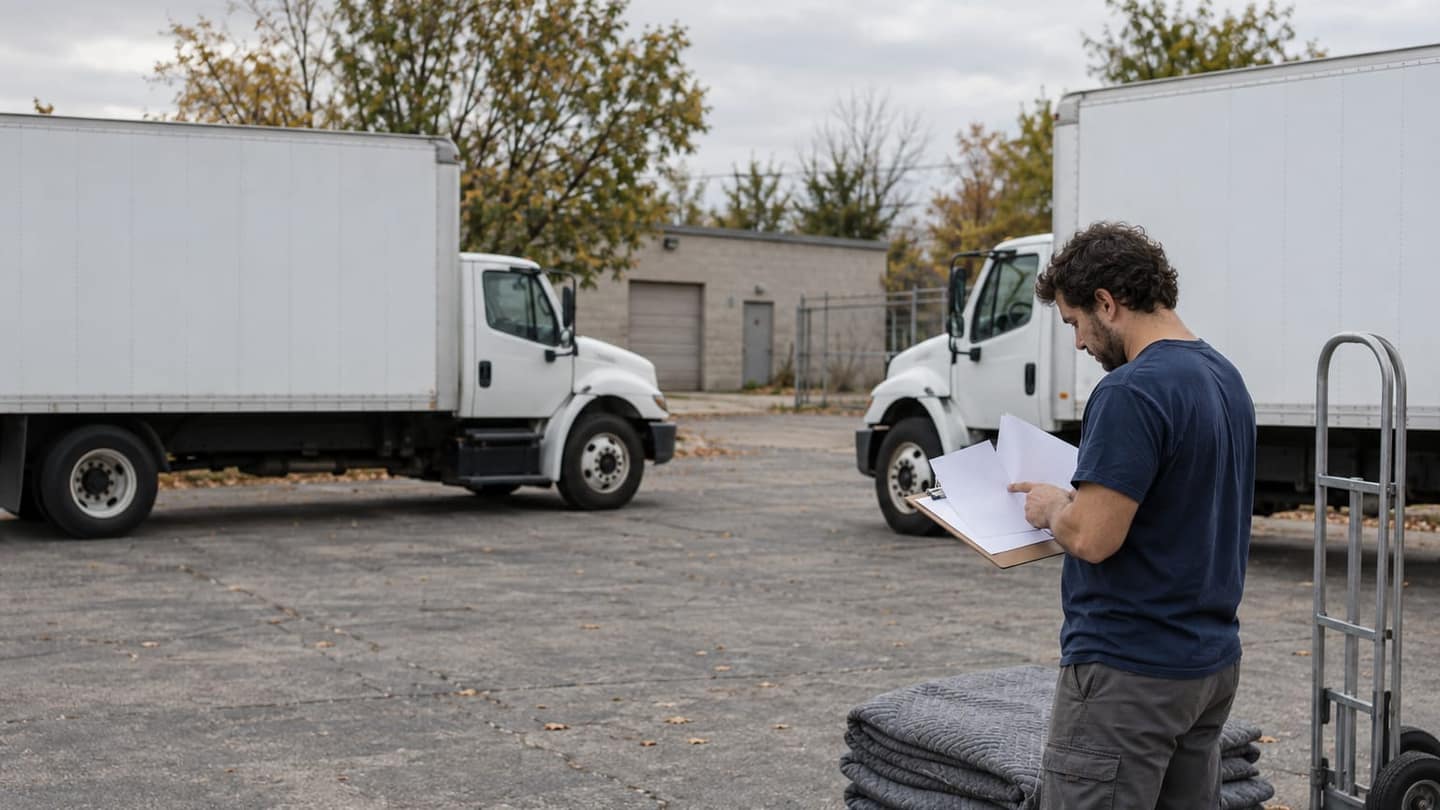 Nearby sit folded gray quilted moving blankets, neatly coiled webbing straps and an empty upright steel hand truck.