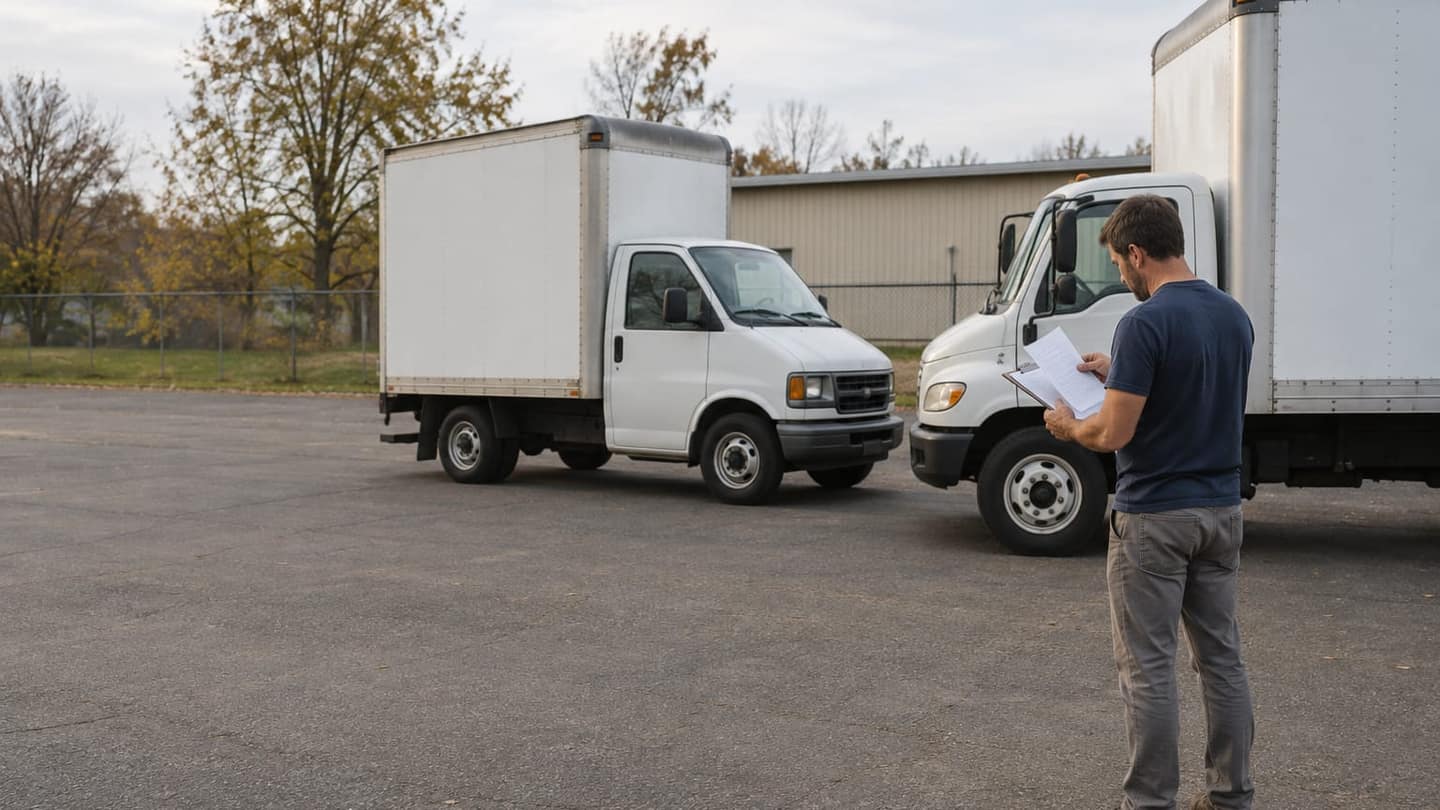 Two plain white rental box trucks of slightly different sizes are parked nose to nose, with a safe gap between their bumpers.