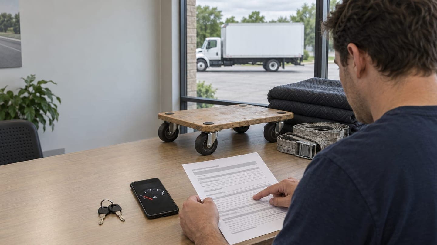 A renter reads a truck rental contract at the counter, with keys, a phone showing a fuel gauge, a furniture dolly and pads, and a white box truck outside.