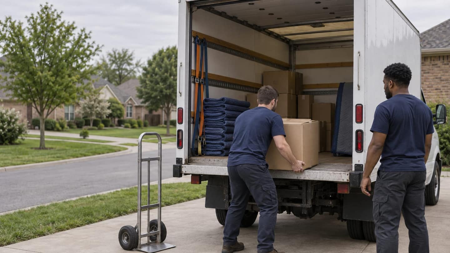 One mover in a plain navy t-shirt, work trousers and boots lifts a manageable brown corrugated cardboard box onto the deck.