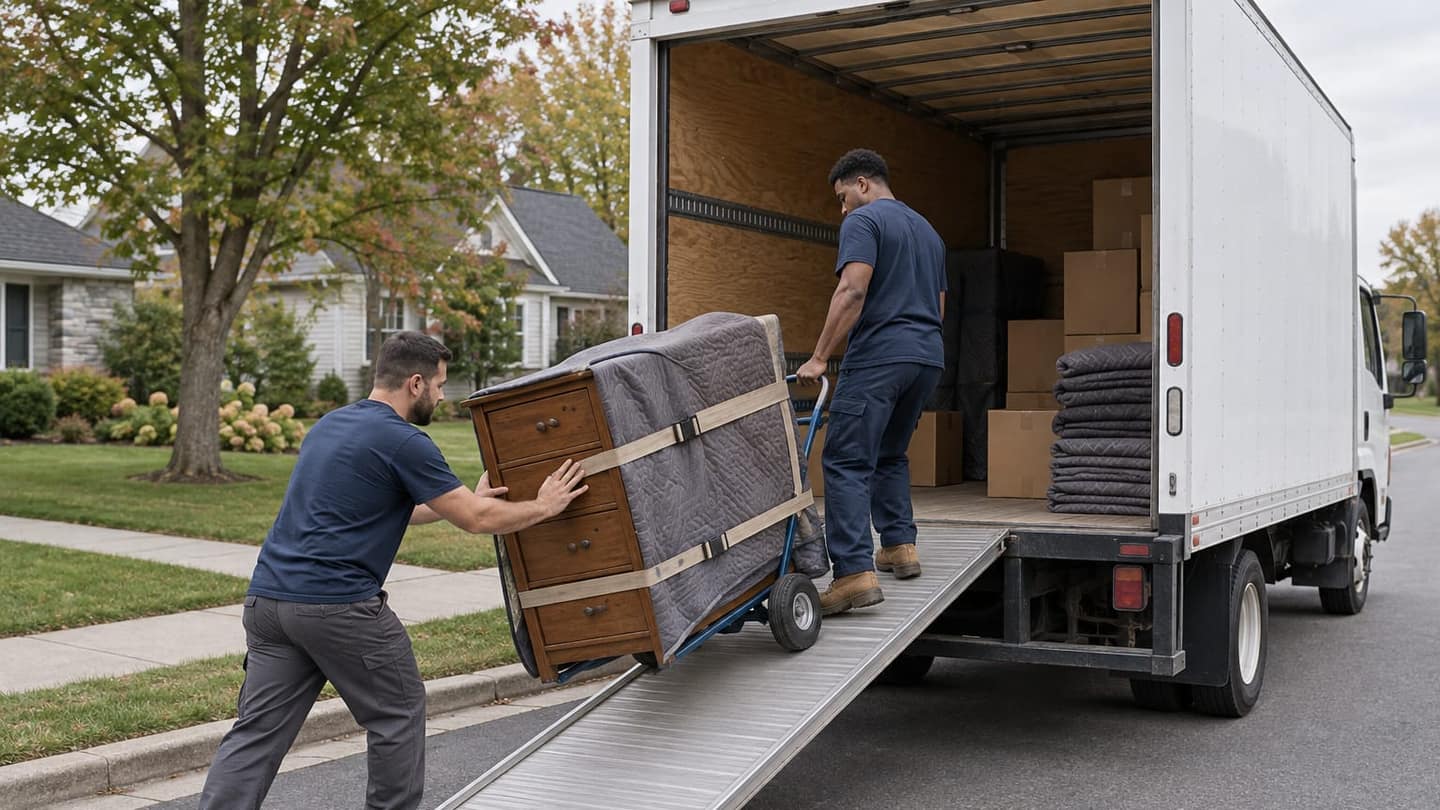 Create exactly one 1536x1024 landscape editorial documentary photograph for a moving-truck size guide.