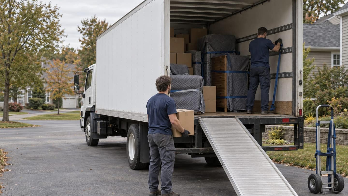 A plain white rental box truck with a 21-foot cargo body occupies the right two thirds; show its long side, cab.