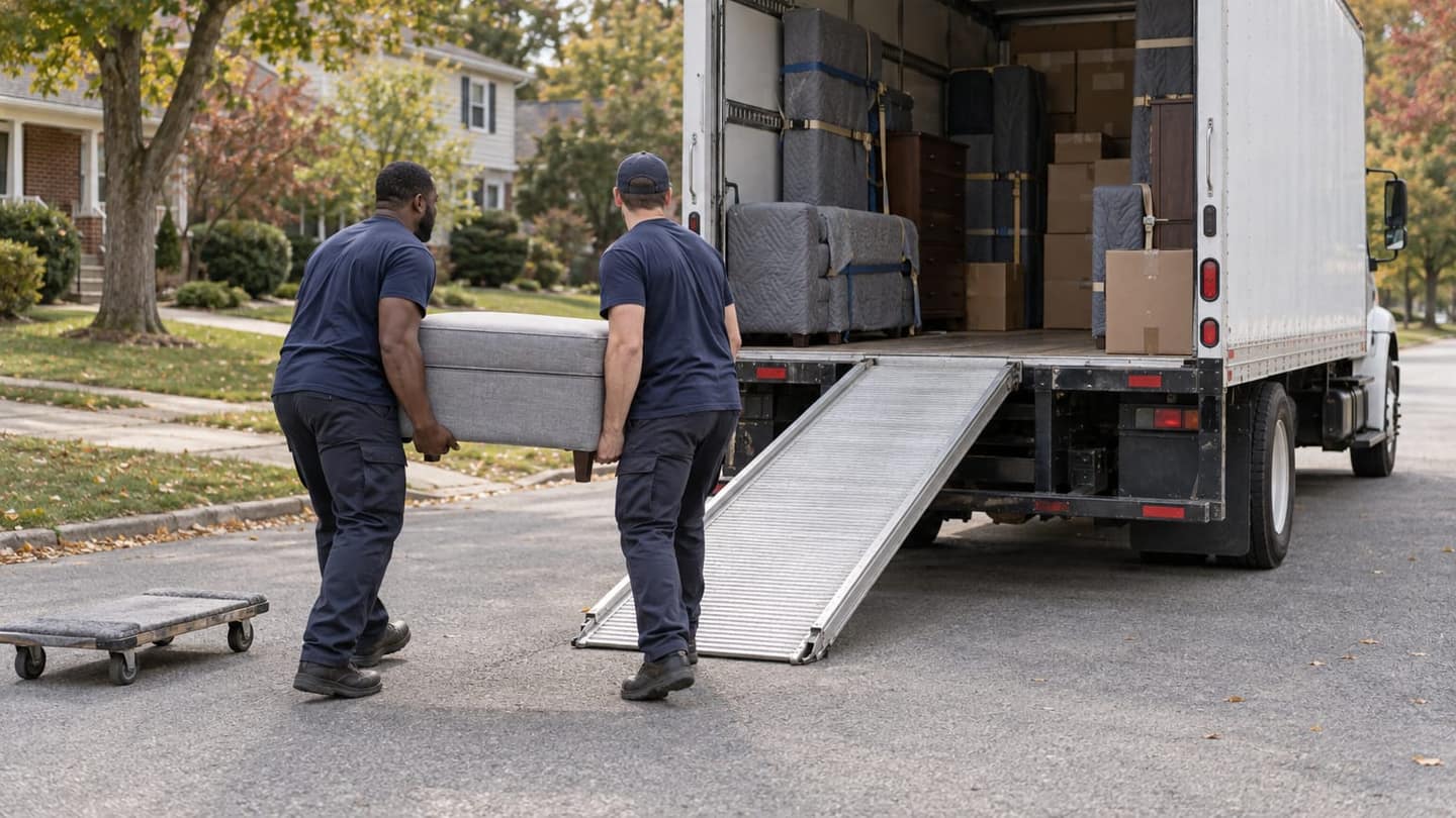 A large plain white rental box truck with a visibly long 26-foot cargo body dominates the right two thirds.