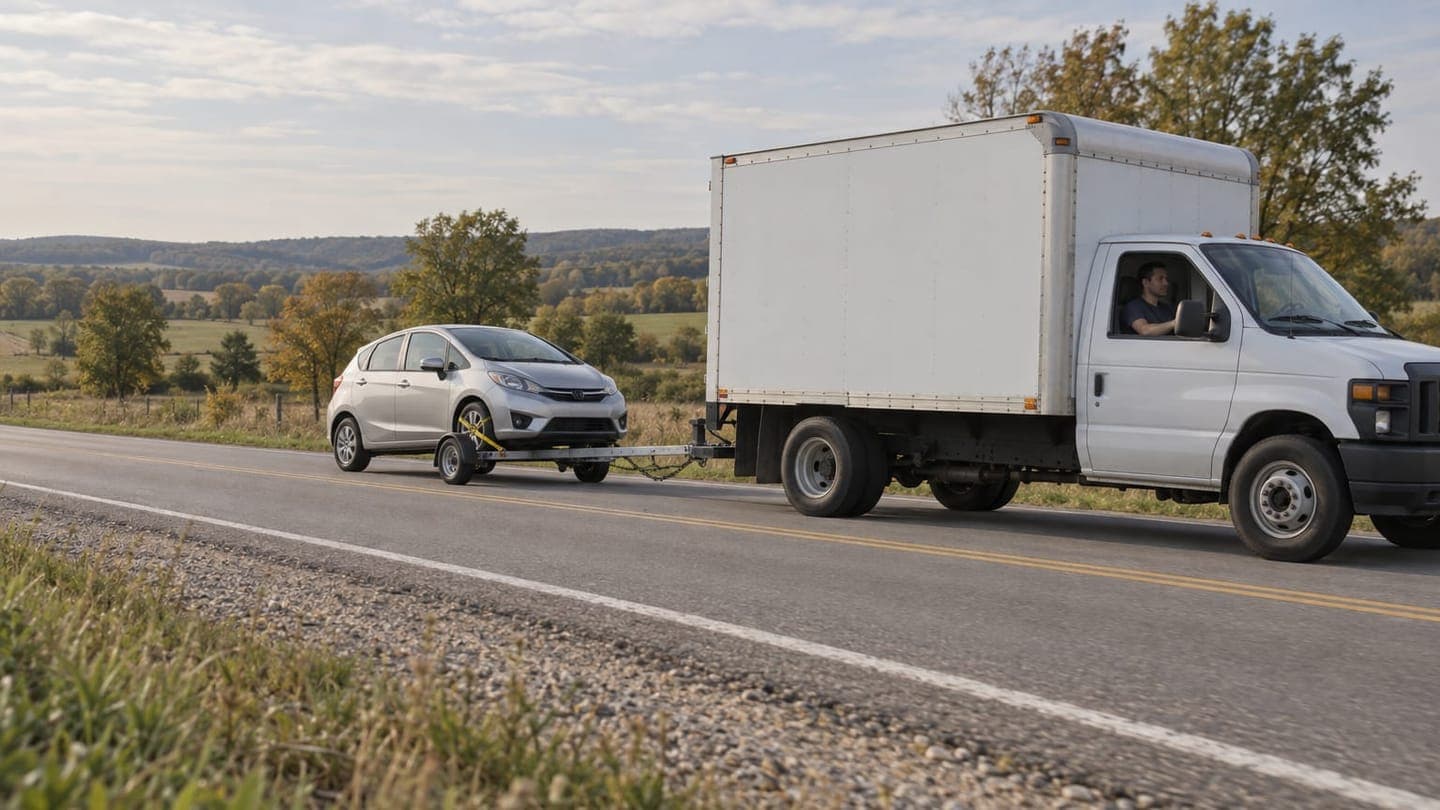 A white rental box truck towing a silver hatchback on a tow dolly along a two-lane country highway in autumn.
