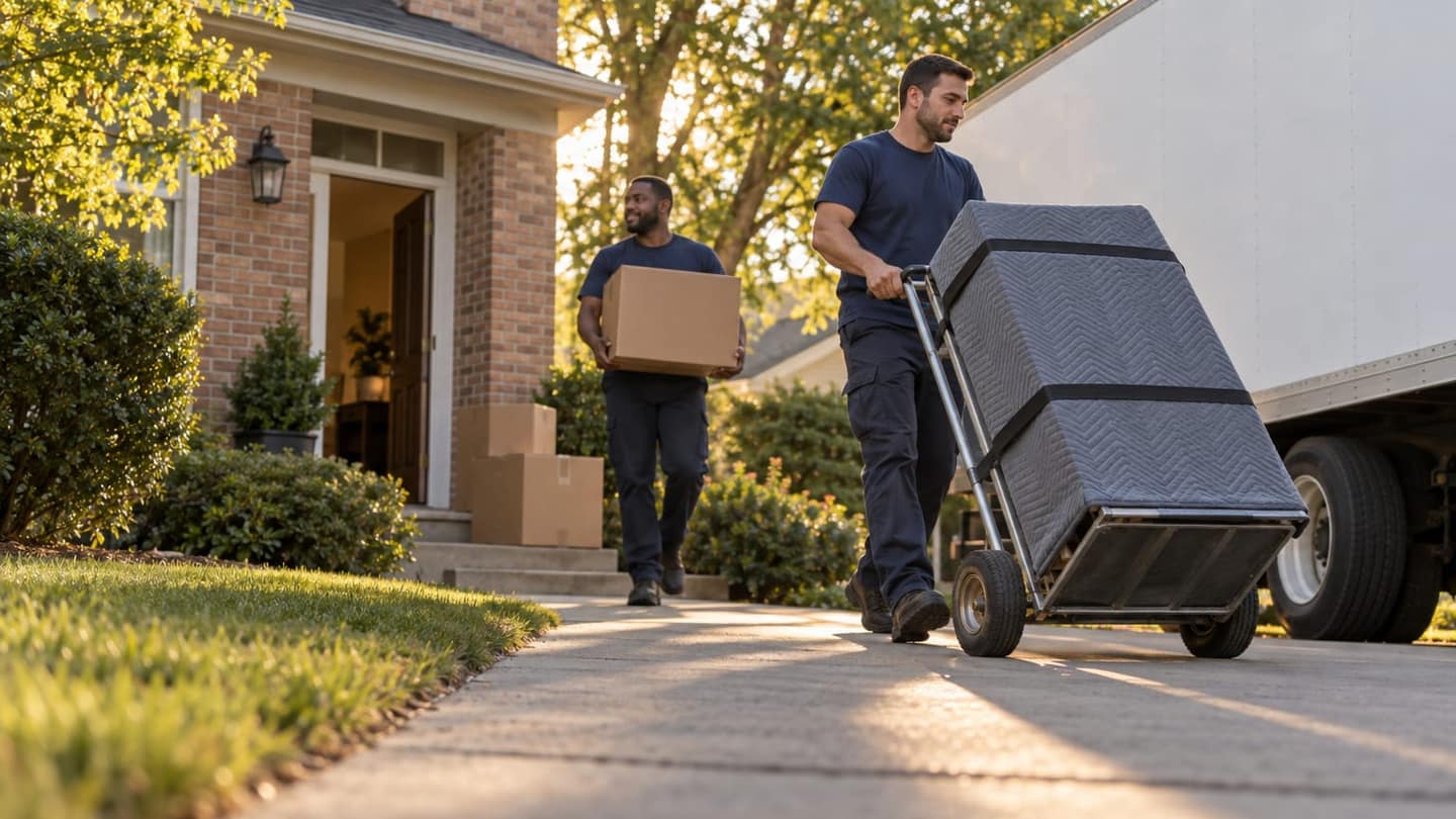 One grips both handles of an upright steel appliance dolly supporting a small cabinet wrapped in quilted gray moving blankets.