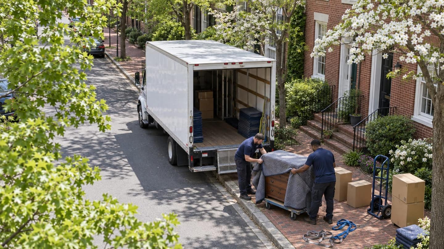 Moving day in Alexandria: the dresser rests securely on a padded four-wheel furniture dolly on the sidewalk.