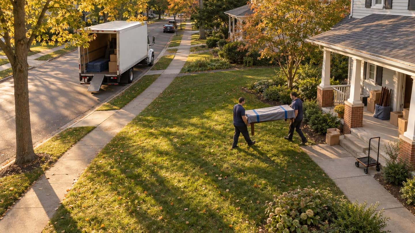 Moving day in Ann Arbor: unmarked cardboard boxes and an empty four-wheel furniture dolly sit beside the walkway.