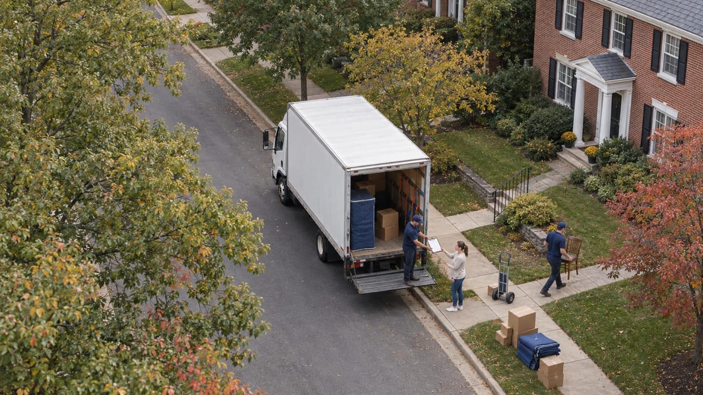 Moving day in Arlington: at its rear, a navy-shirted mover extends a brown clipboard inventory toward a casually dressed resident.
