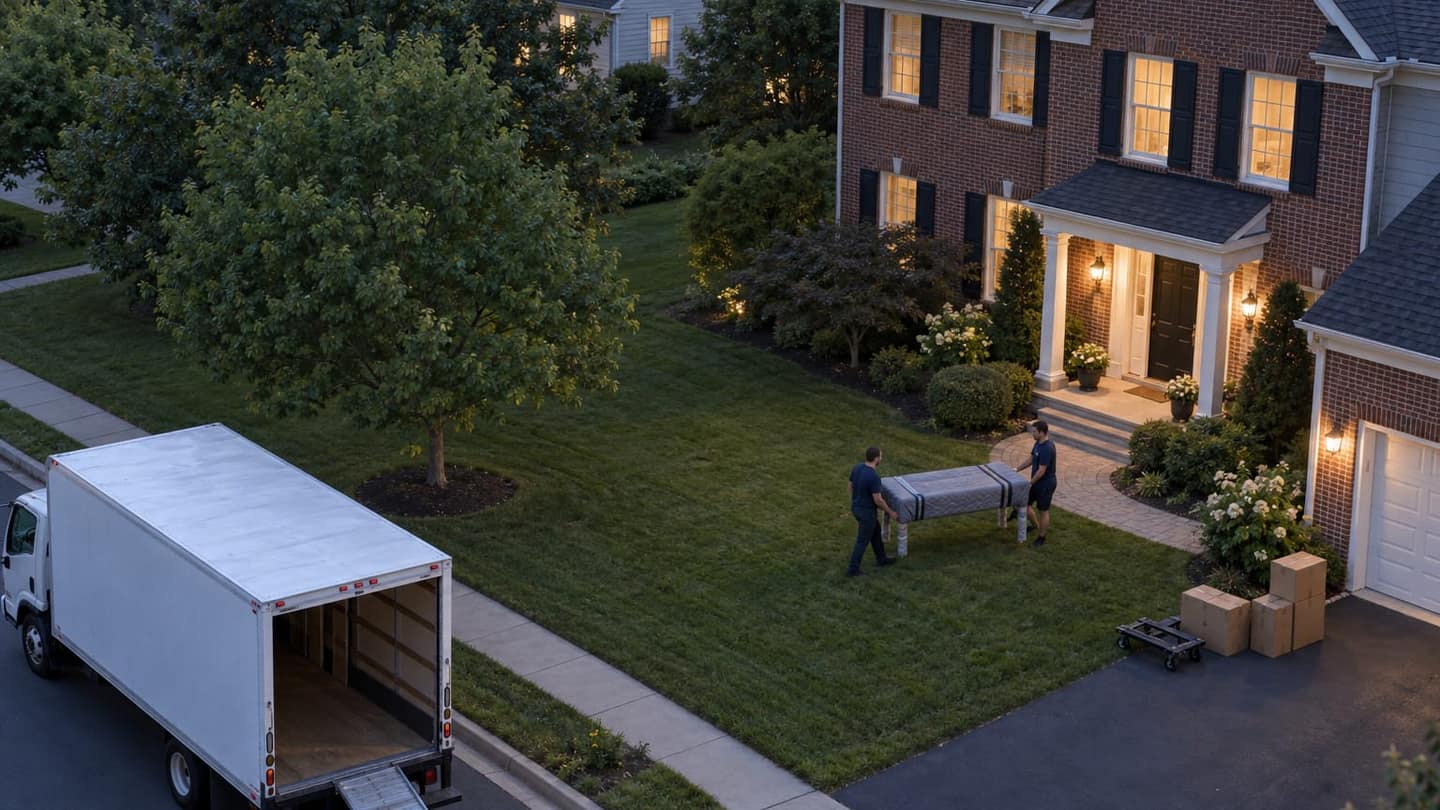 Moving day in Ashburn: an empty furniture dolly rests on the paved driveway beside plain sealed cardboard boxes.