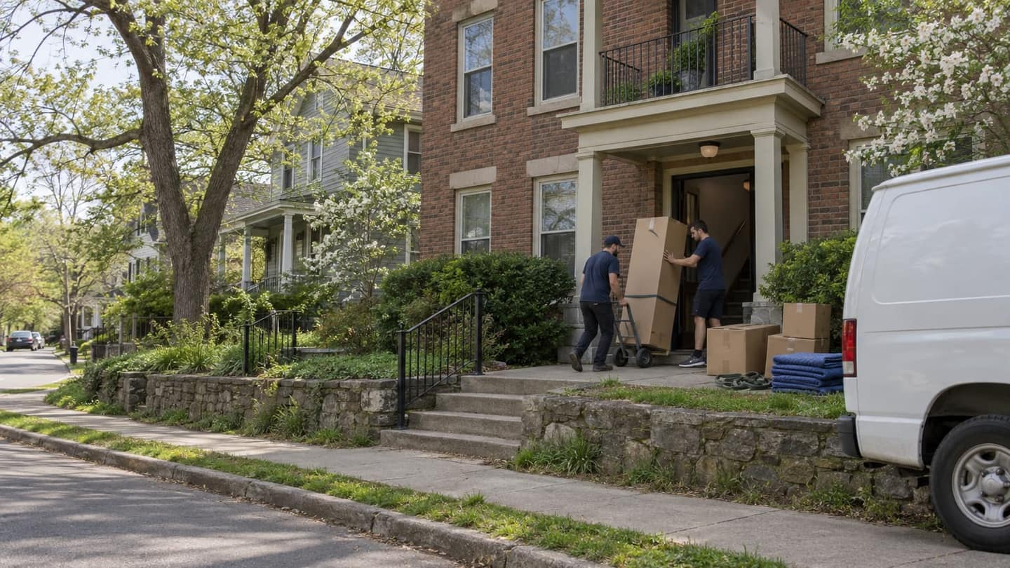 Moving day in Asheville: one grips both handles of a two-wheel hand truck supporting the box on its steel toe plate, secured around its middle.