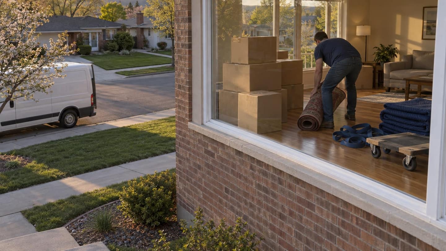 Moving day in Aurora: inside, unmarked corrugated boxes stacked securely beside the window, oak flooring, cream walls.
