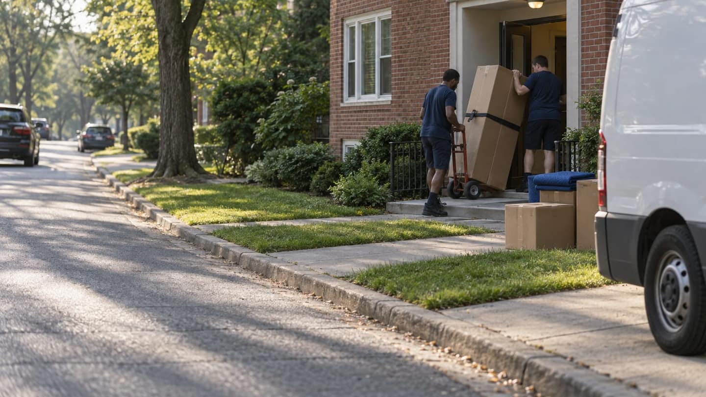 Moving day in Bethesda: one grips both handles of a two-wheel hand truck; its toe plate supports the box, secured around its middle with a taut strap.