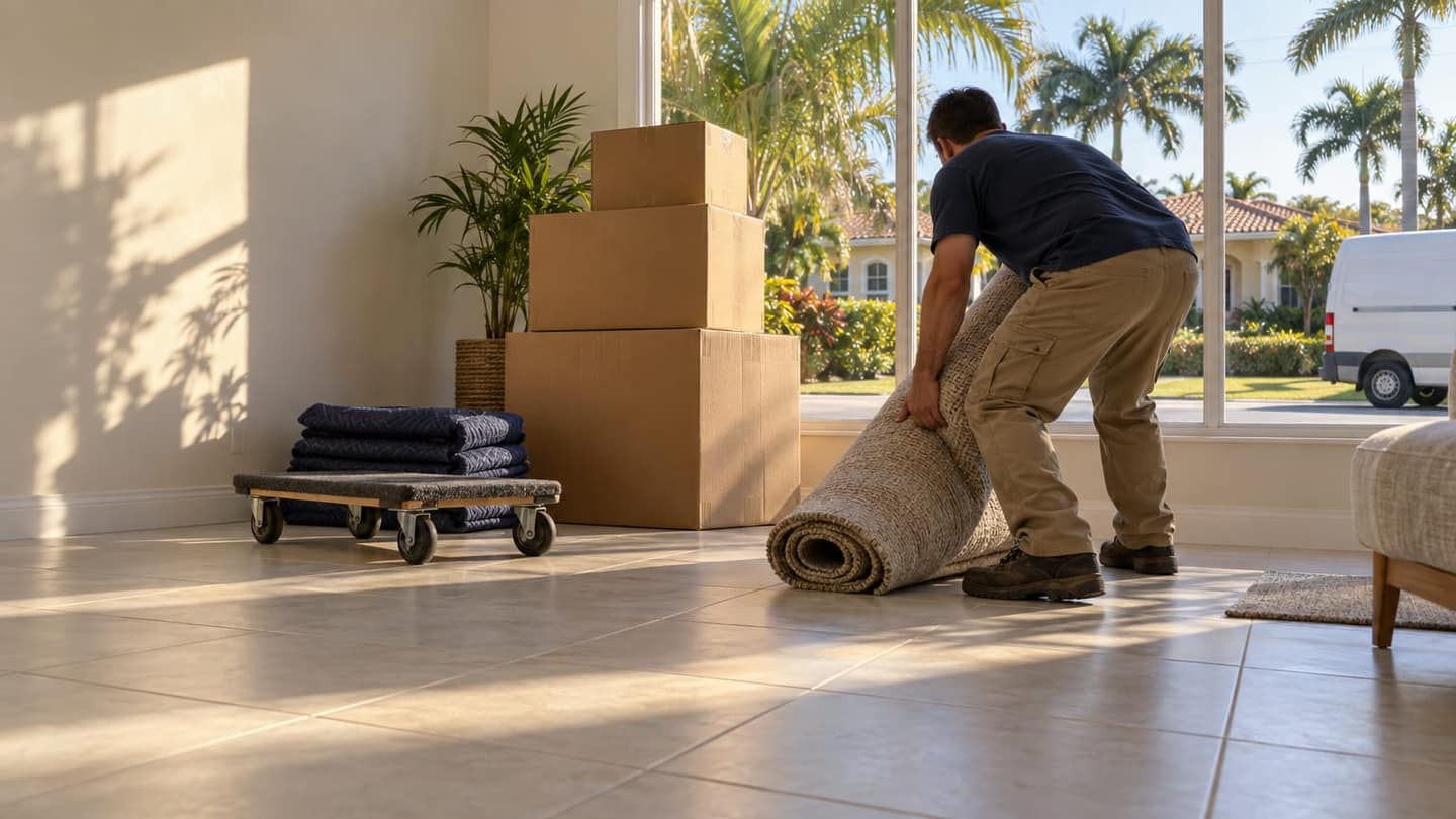 Moving day in Boynton Beach: beside a broad window, stack unmarked brown corrugated boxes securely, largest underneath.