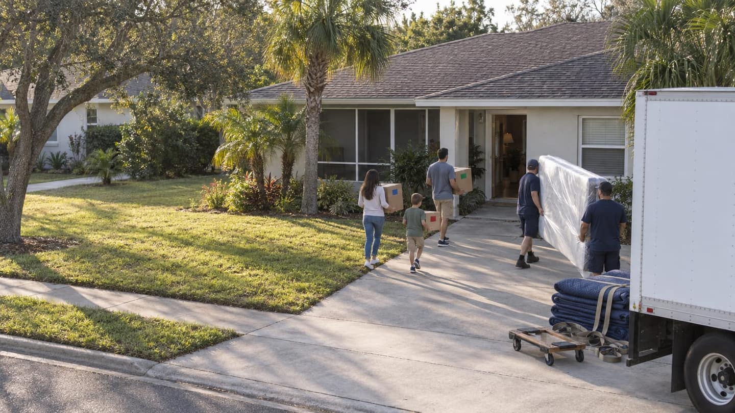 Moving day in Bradenton: two parents carry their first taped corrugated boxes toward the open doorway, hands supporting box bottoms.