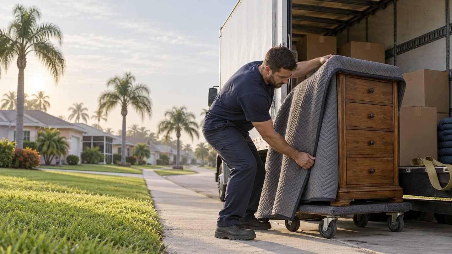 Moving day in Cape Coral: visible wood grain and closed drawers; dresser rests securely on a padded four-wheel furniture dolly.