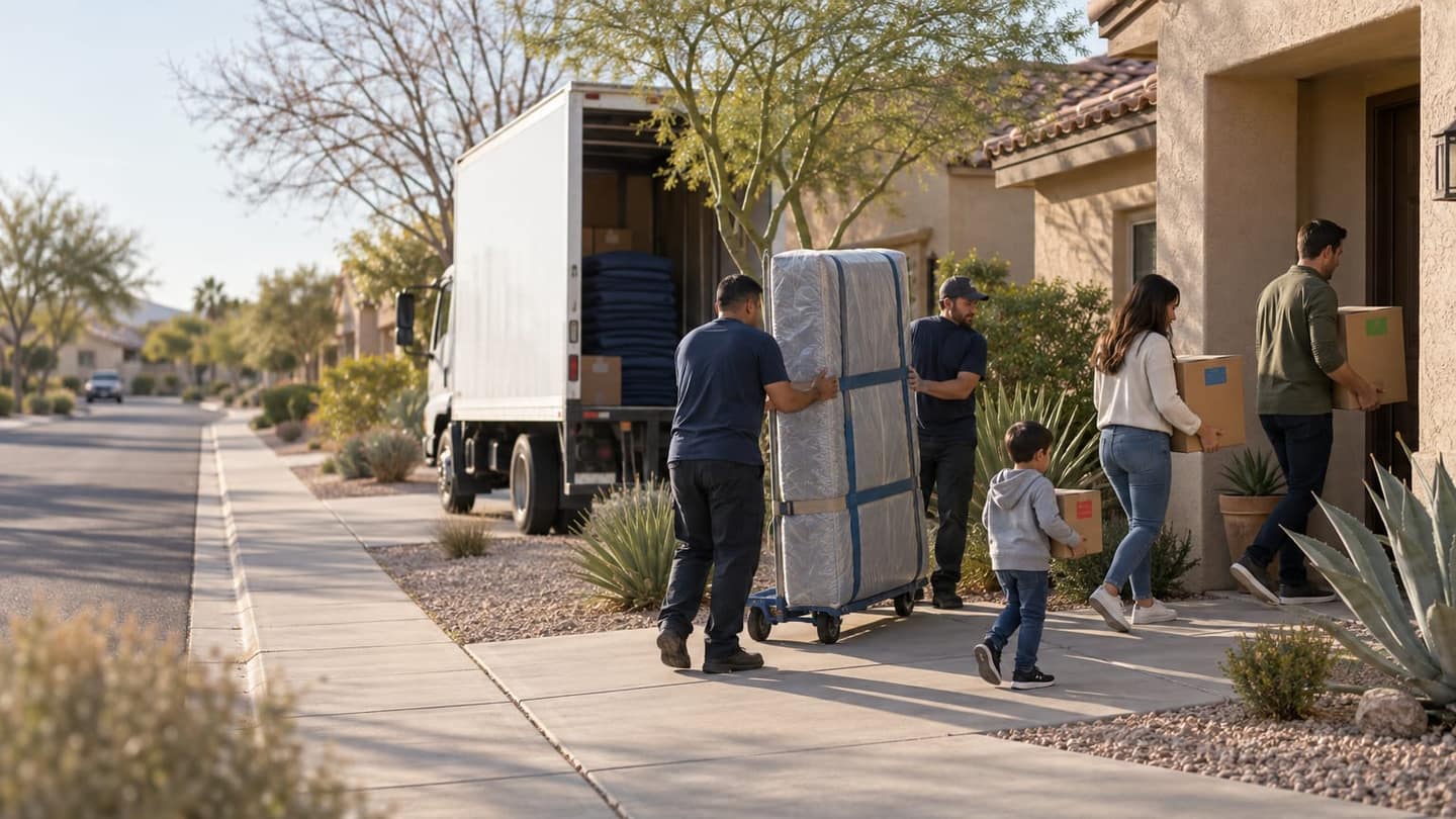 Moving day in Chandler: two parents cradle modest cardboard boxes underneath with both hands, entering their new recessed doorway.