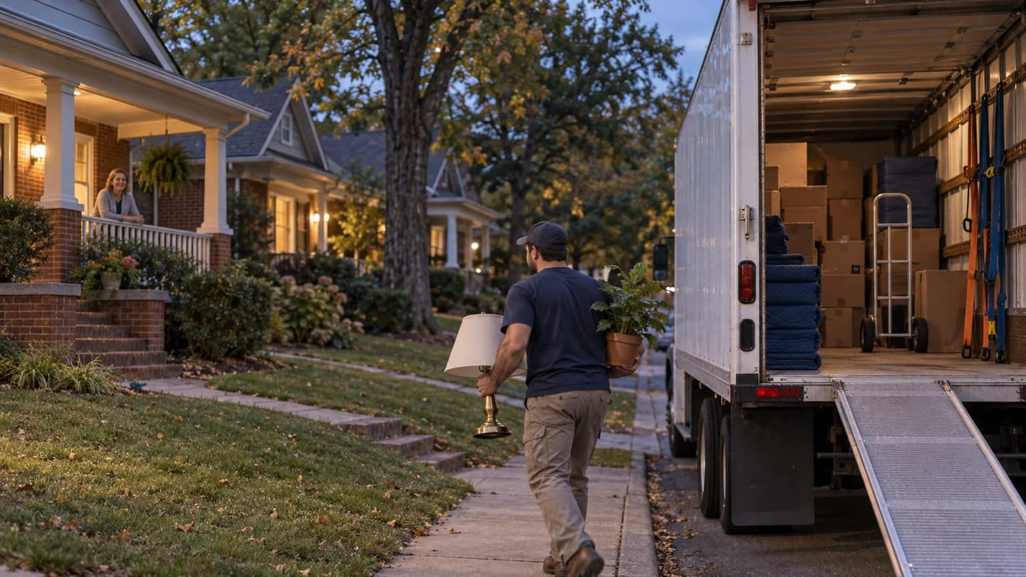 A household move in Charlotte, NC. Architecture, street trees, weather and light recognisably typical of a Charlotte, NC neighbourhood, no landmarks close up. Moment: the truck parked at the curb with its ramp down, a mover carrying a lamp and a houseplant, a neighbour watching from a porch. Camera: eye-level medium shot from the sidewalk, three-quarter view. Light: blue hour just after sunset with warm window light. Season: early autumn colour, as that season really looks in this place's climate (no autumn colour or snow where the place does not get them). Illustration generated for Haulest.