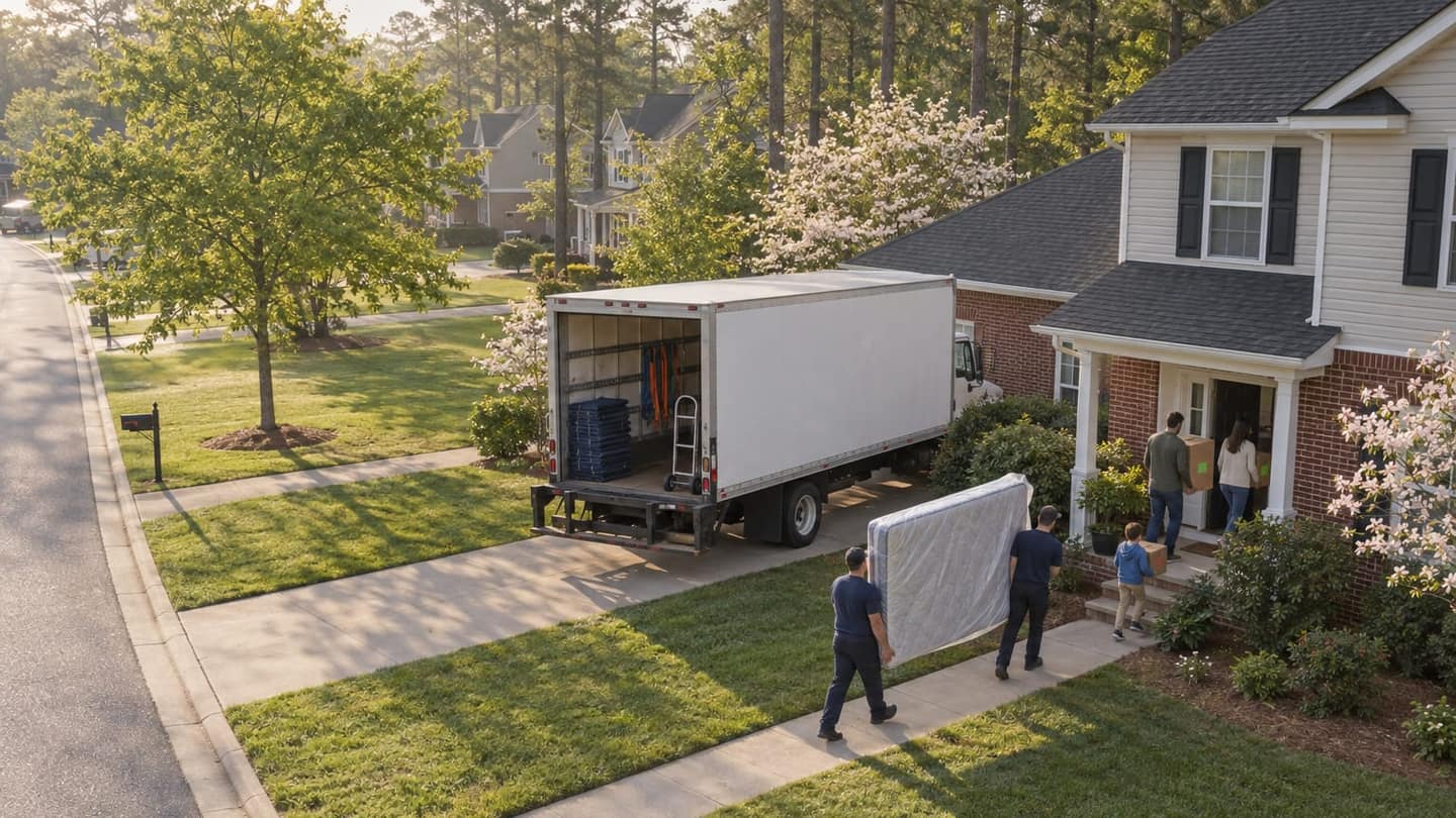 Moving day in Chesapeake: two parents support taped corrugated boxes underneath with both hands while entering their new home.