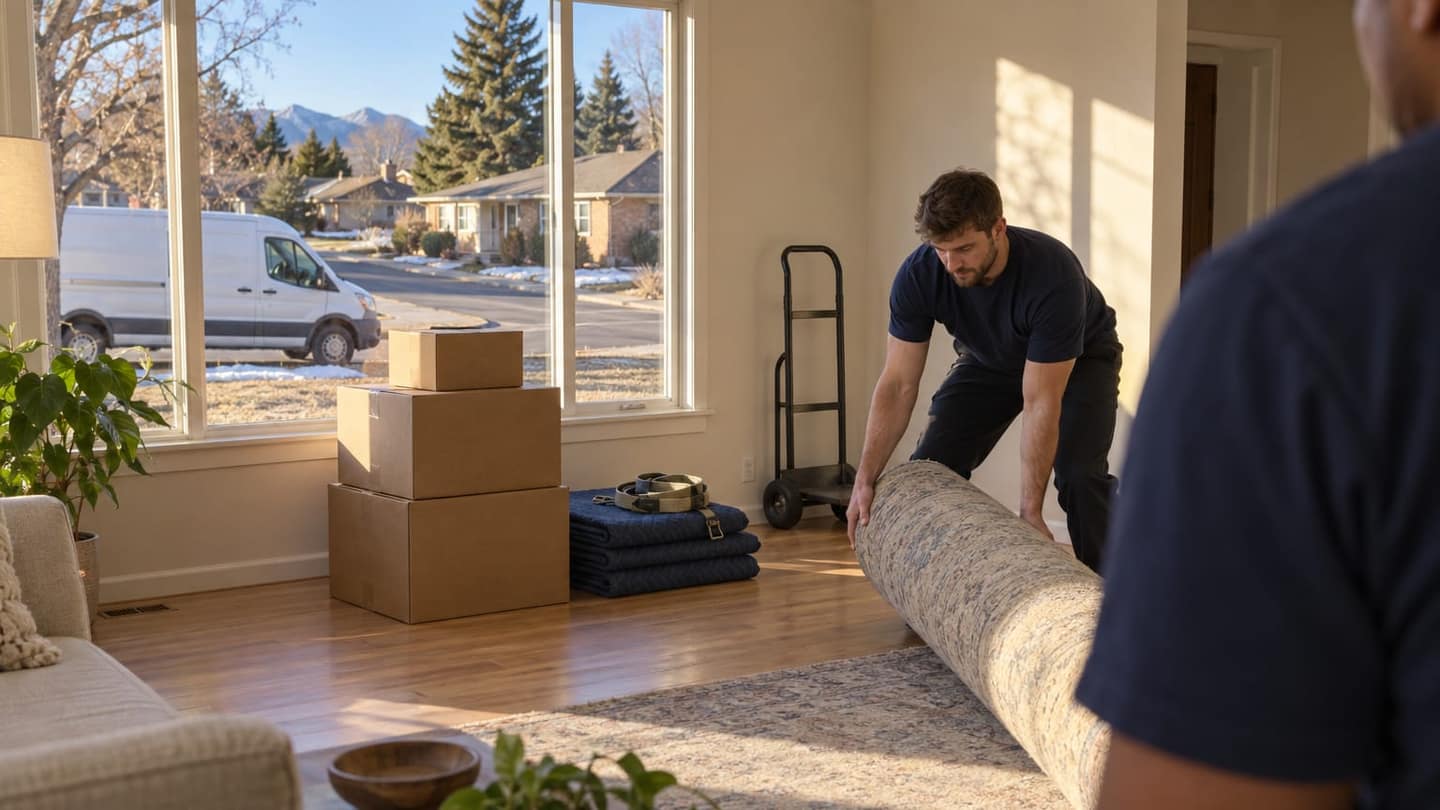 A household move in Colorado Springs, CO. Architecture, street trees, weather and light recognisably typical of a Colorado Springs, CO neighbourhood, no landmarks close up. Moment: inside the new living room: boxes stacked by a window that looks out on the local street, a mover setting down a rolled rug. Camera: over-the-shoulder shot from behind one mover. Light: warm golden hour. Season: a dry sunny winter day, as that season really looks in this place's climate (no autumn colour or snow where the place does not get them). Illustration generated for Haulest.