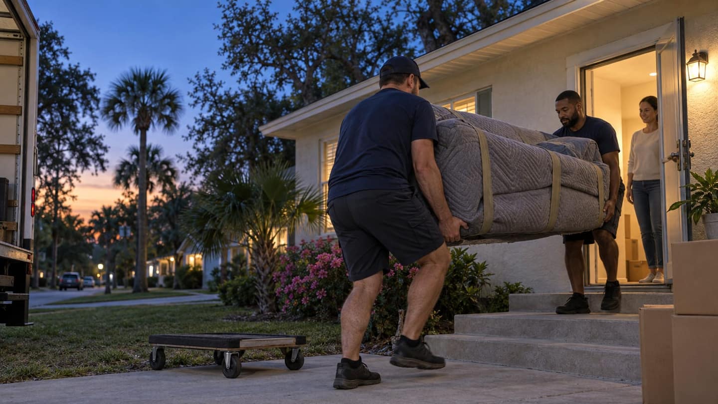 Moving day in Daytona Beach: each grips beneath a sofa end with both hands, knees bent, load close, coordinated footing on the steps.