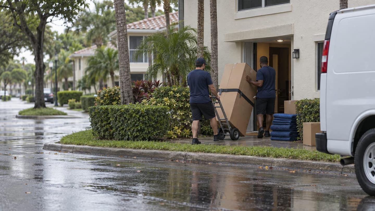 Moving day in Delray Beach: one grips both handles of a correctly tilted hand truck; the other steadies the box sides with open hands.