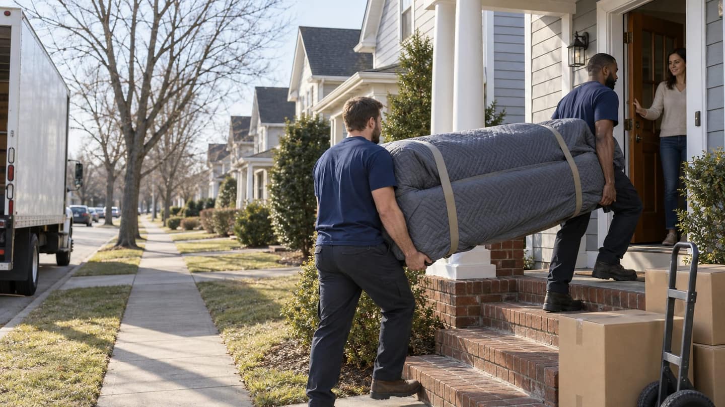Moving day in Dover: two movers in plain navy T-shirts, work trousers and boots carry a sofa up three brick front steps.