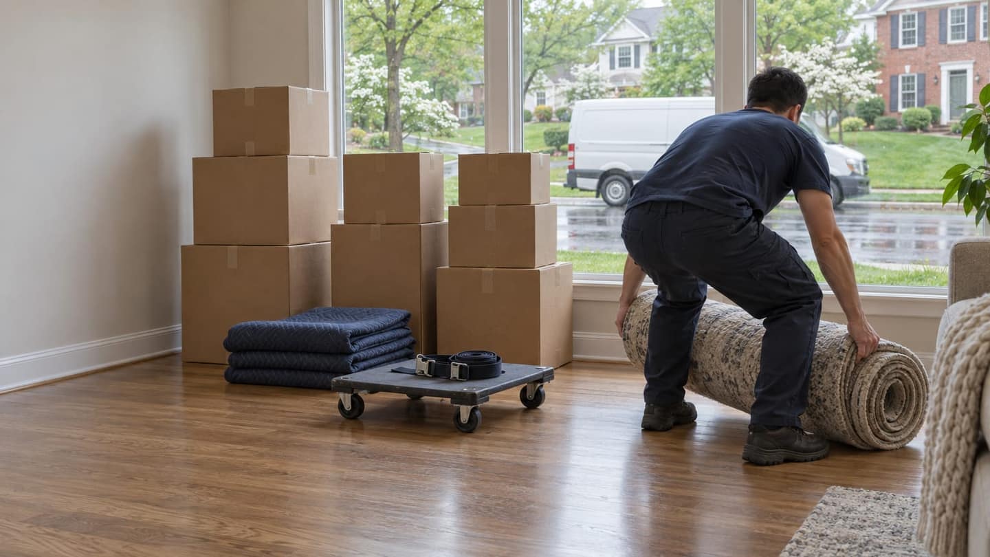 Moving day in Fairfax: beside a broad window stand three stable stacks of unmarked kraft cardboard boxes sealed with plain tan tape.