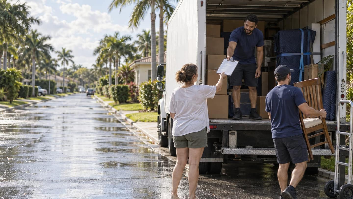 Moving day in Fort Lauderdale: another navy-shirted mover carries a wooden dining chair with both hands supporting its frame.
