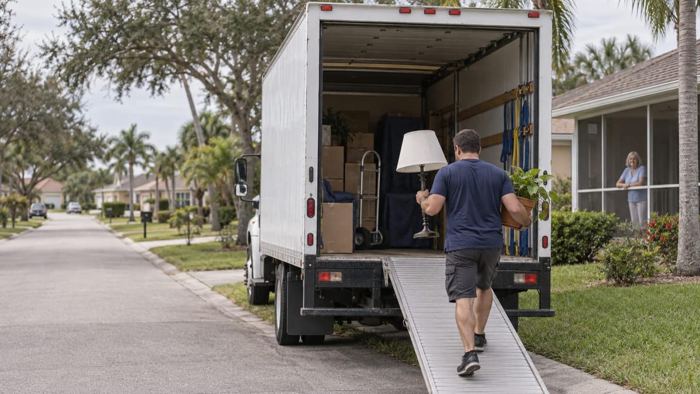 A household move in Fort Myers, FL. Architecture, street trees, weather and light recognisably typical of a Fort Myers, FL neighbourhood, no landmarks close up. Moment: the truck parked at the curb with its ramp down, a mover carrying a lamp and a houseplant, a neighbour watching from a porch. Camera: long-lens shot compressing the street, shallow depth of field. Light: overcast diffuse daylight. Season: a dry sunny winter day, as that season really looks in this place's climate (no autumn colour or snow where the place does not get them). Illustration generated for Haulest.