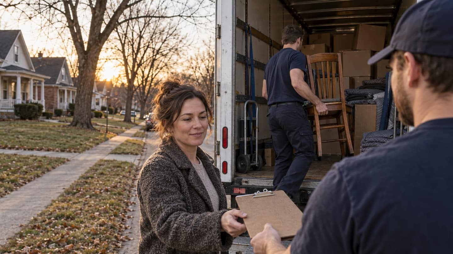 Moving day in Fort Wayne: at the open rear of a plain white moving truck, the foreground mover extends a hardboard inventory clipboard in his right hand.