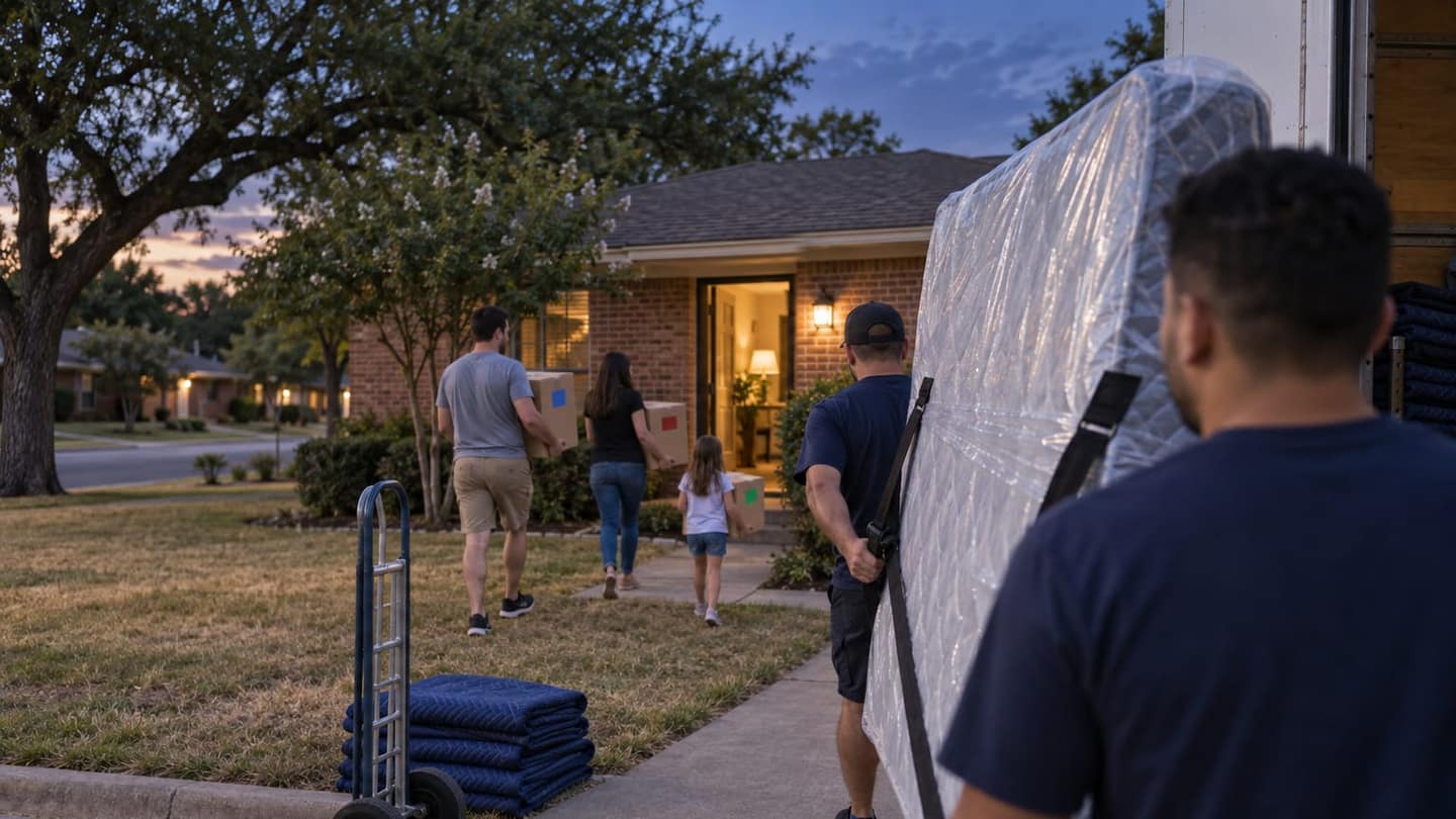 A household move in Fort Worth, TX. Architecture, street trees, weather and light recognisably typical of a Fort Worth, TX neighbourhood, no landmarks close up. Moment: a family carrying the first labelled boxes into their new home while movers bring a mattress in a bag. Camera: over-the-shoulder shot from behind one mover. Light: blue hour just after sunset with warm window light. Season: high summer, as that season really looks in this place's climate (no autumn colour or snow where the place does not get them). Illustration generated for Haulest.