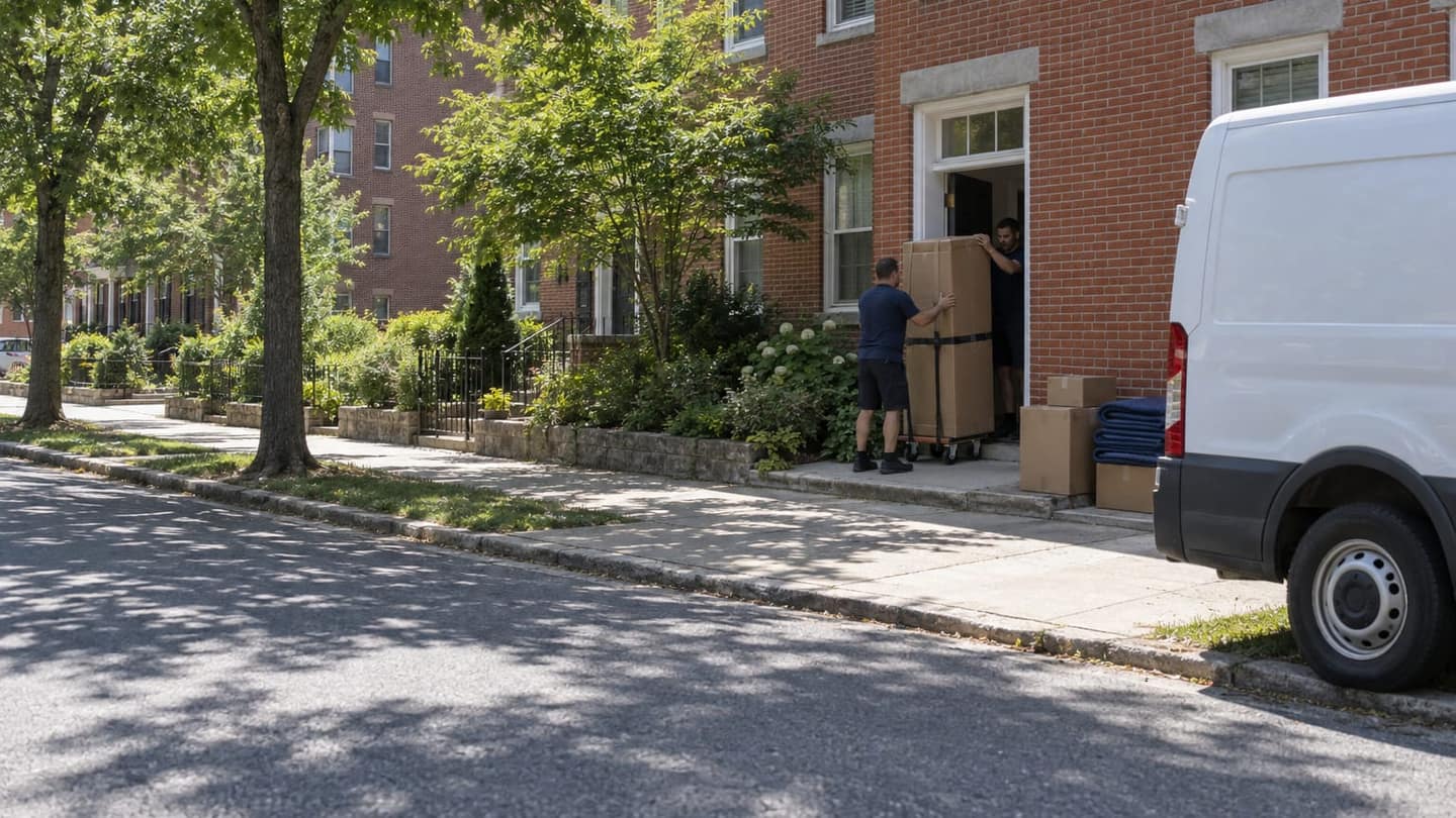 Moving day in Frederick: the box rests securely on a four-wheel furniture dolly, secured with a snug webbing strap.