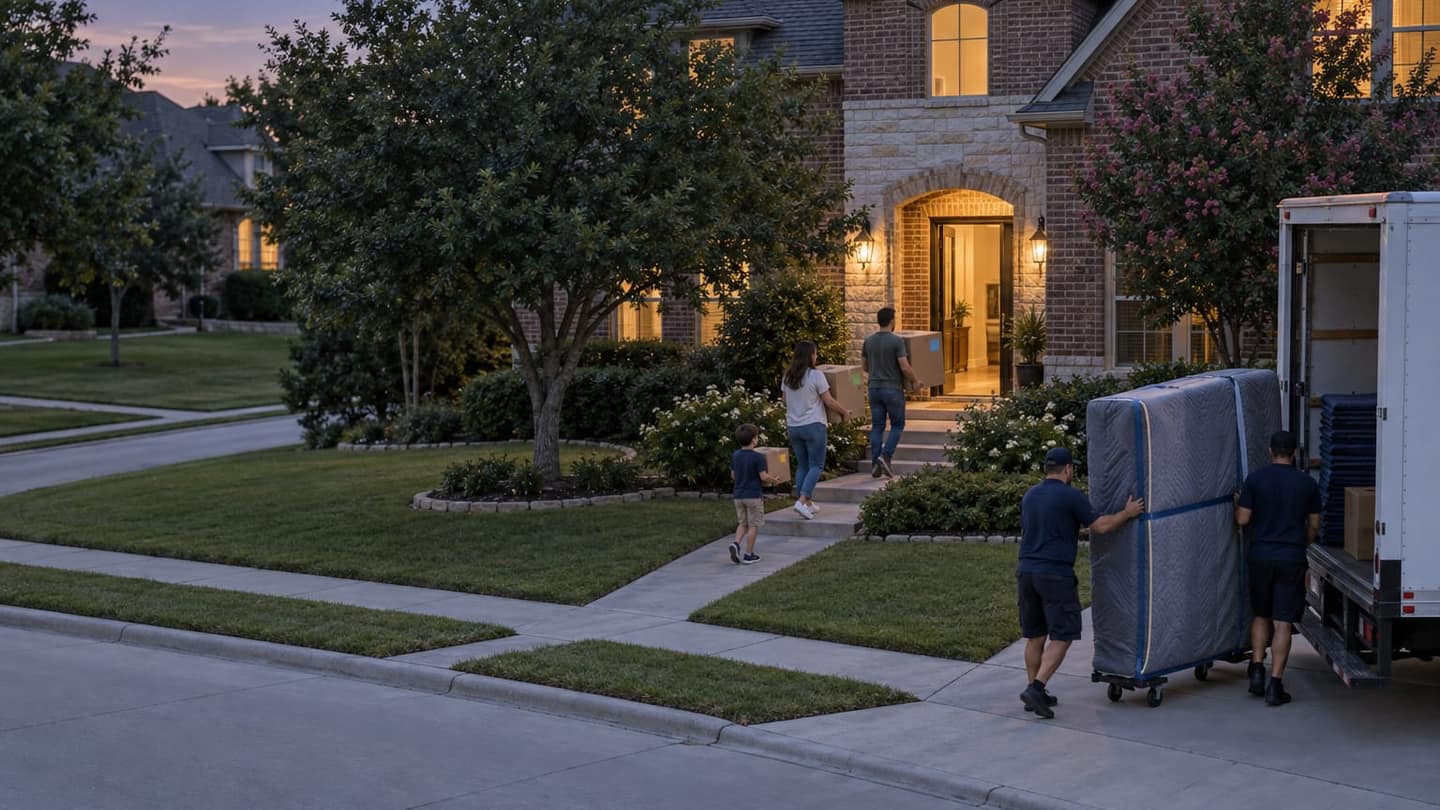Moving day in Frisco: two parents carry their first cardboard boxes toward the open front door, both hands supporting box bottoms.