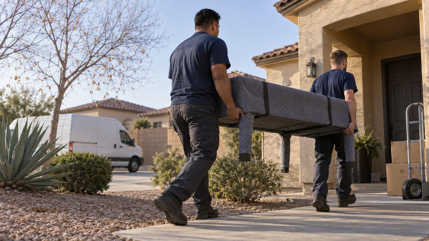 Moving day in Gilbert: two movers in plain navy T-shirts, work trousers and sturdy shoes carry a modest dining table horizontally toward a recessed.