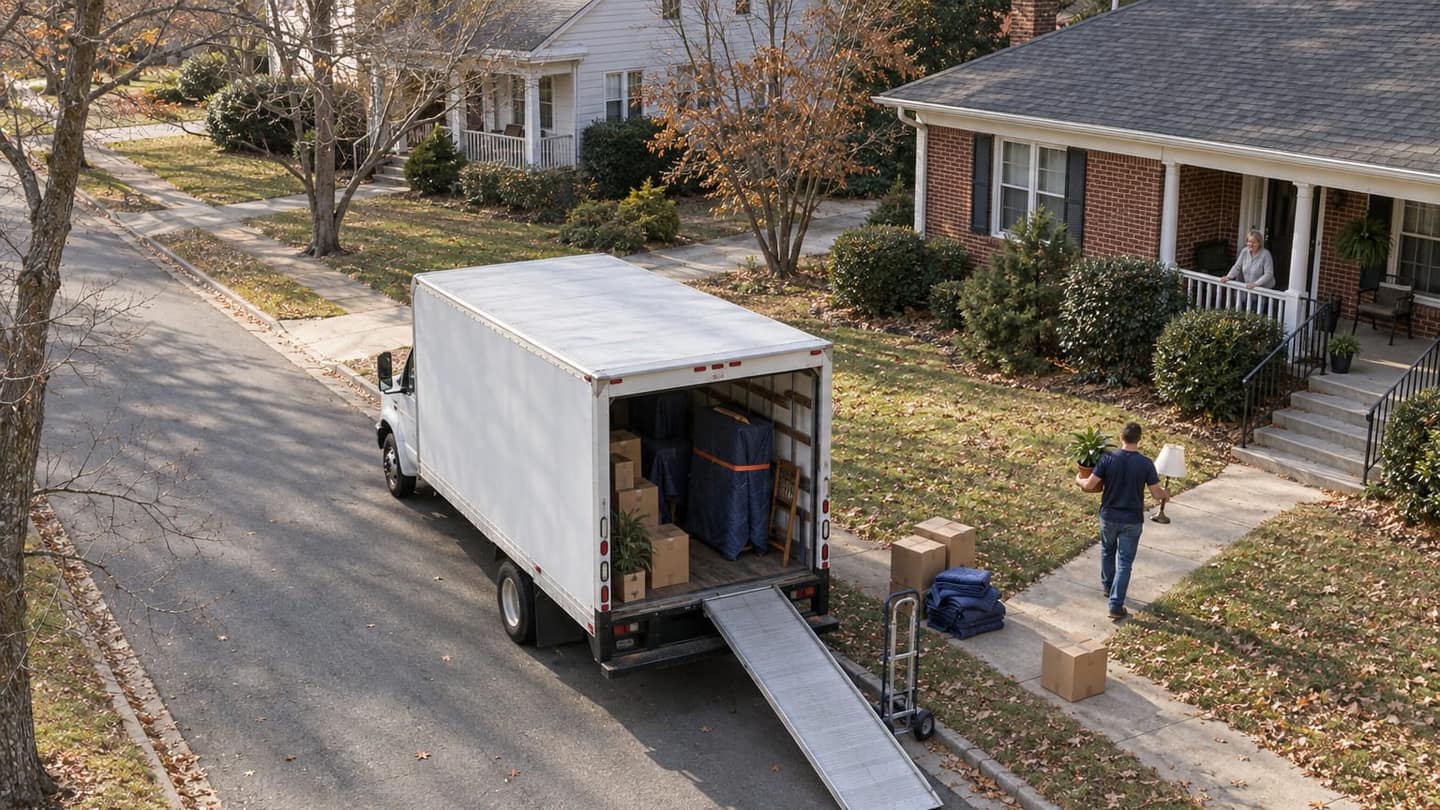Moving day in Greensboro: a plain white box truck is parked parallel to the curb, seen from above and behind.