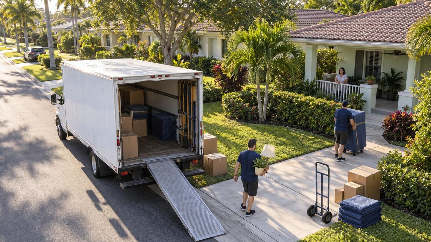 Moving day in Hollywood: show the side and rear of a plain white moving truck parked at the curb, rear cargo door open.