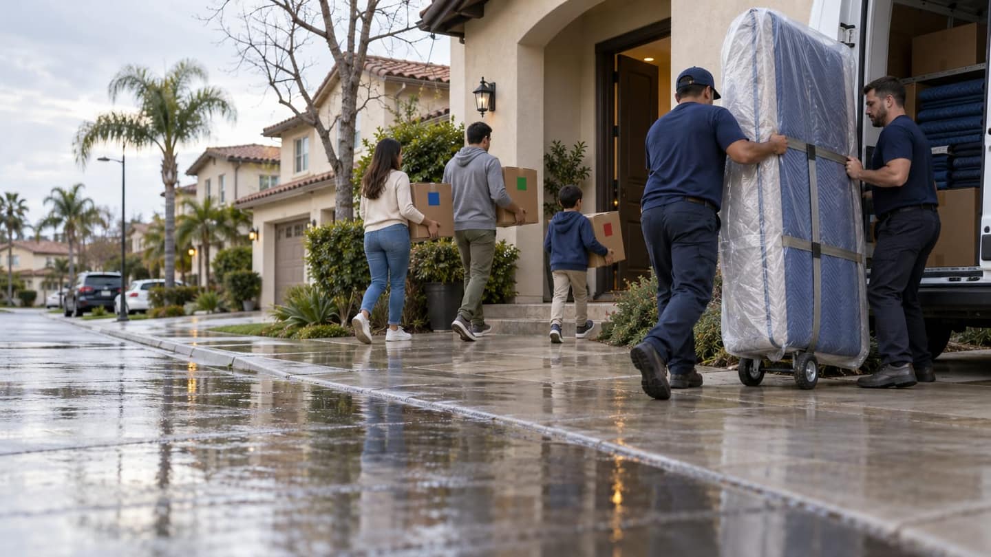 Moving day in Irvine: a casually dressed couple and their child carry the first brown corrugated boxes toward their open front door.