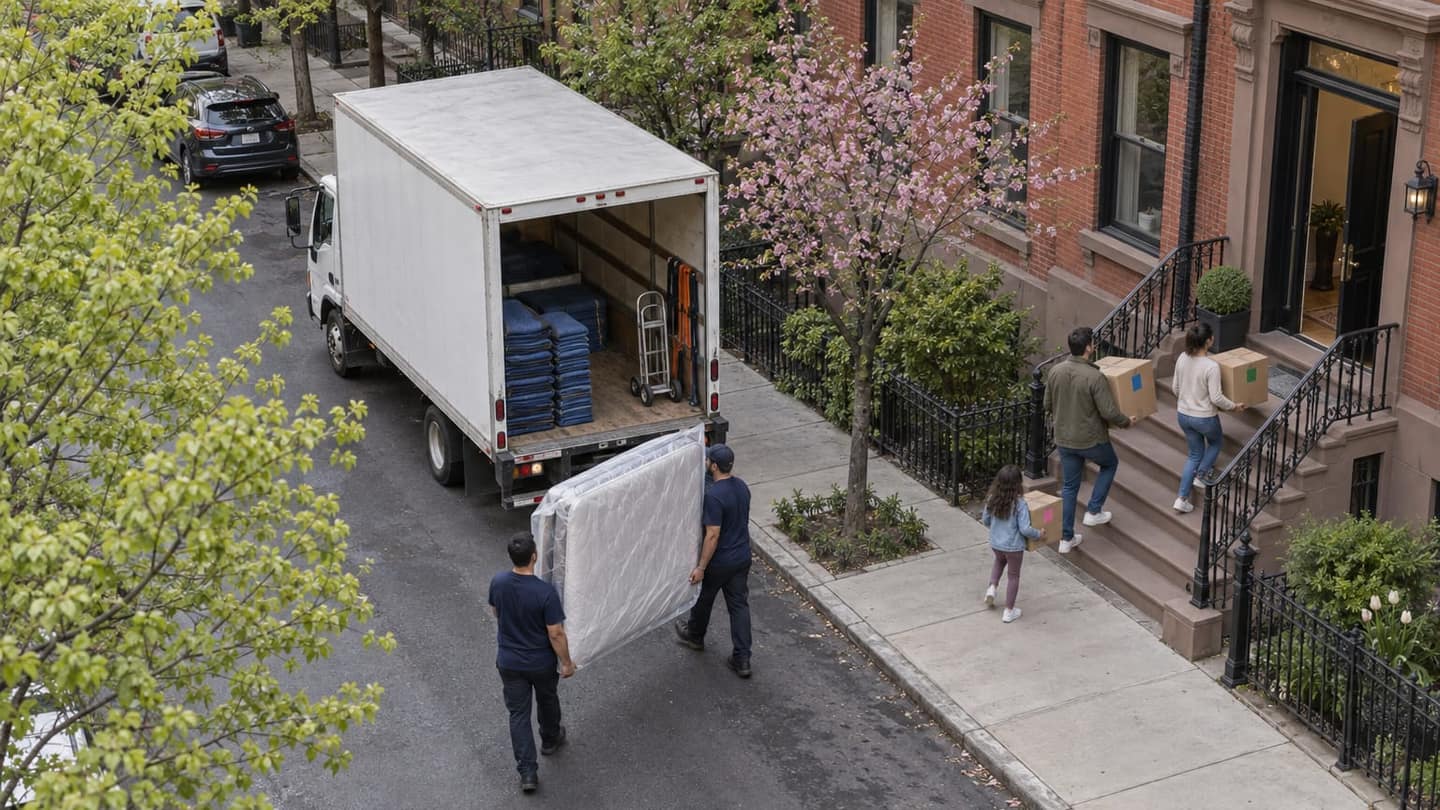 Moving day in Jersey City: two parents carry their first corrugated cardboard boxes toward the open front door, both hands supporting each box underneath.